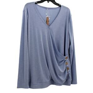 WEIYAN Women's Long Sleeve V-Neck Wrap Shirt Top Blouse in Blue Size 2XL